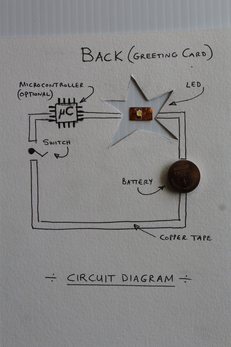 IMAGE: Typical planning of the circuit on the back of the greeting card. Use a piece of scrap drawing paper make a mock-up card (prototype). Credit: W van Zyl 