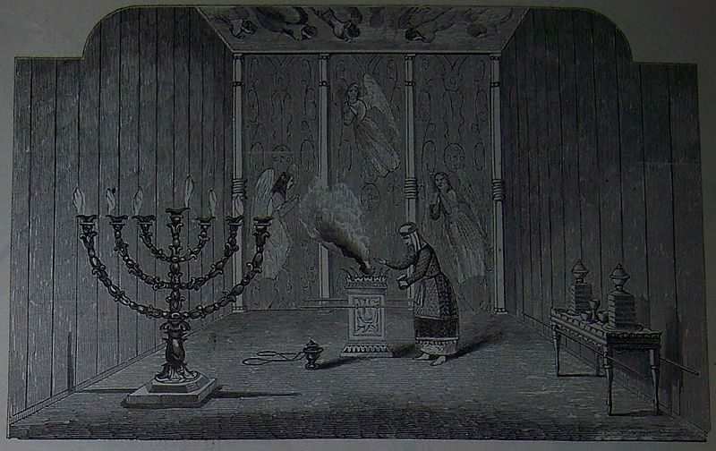The Holy Place. See the golden lampstand (7 candles), the cencer with incense (middle), and the table with shewbread (right). Credit: Illustrators of the 1890 Holman Bible. Source: http://thebiblerevival.com/clipart/1890holmanbible/bw/theholyplace.jpg
