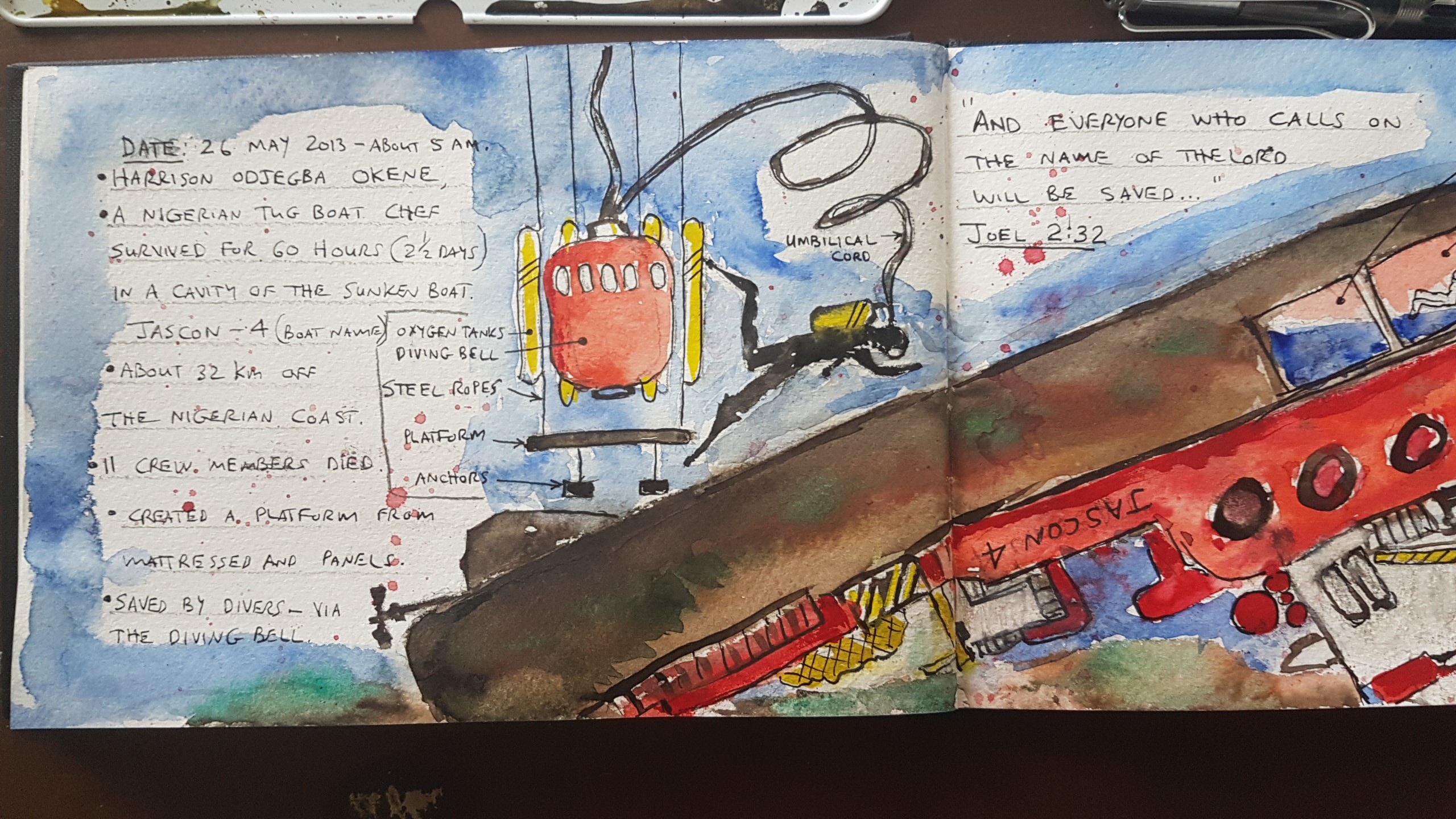 From my sketchbook: Notes and facts jotted down in the sketchbook on the far left. The diving bell is in the middle of the page. Some reporters indicated that the tugboat was suspended at 30 m below the surface because of the air pocket. Credit: Author.