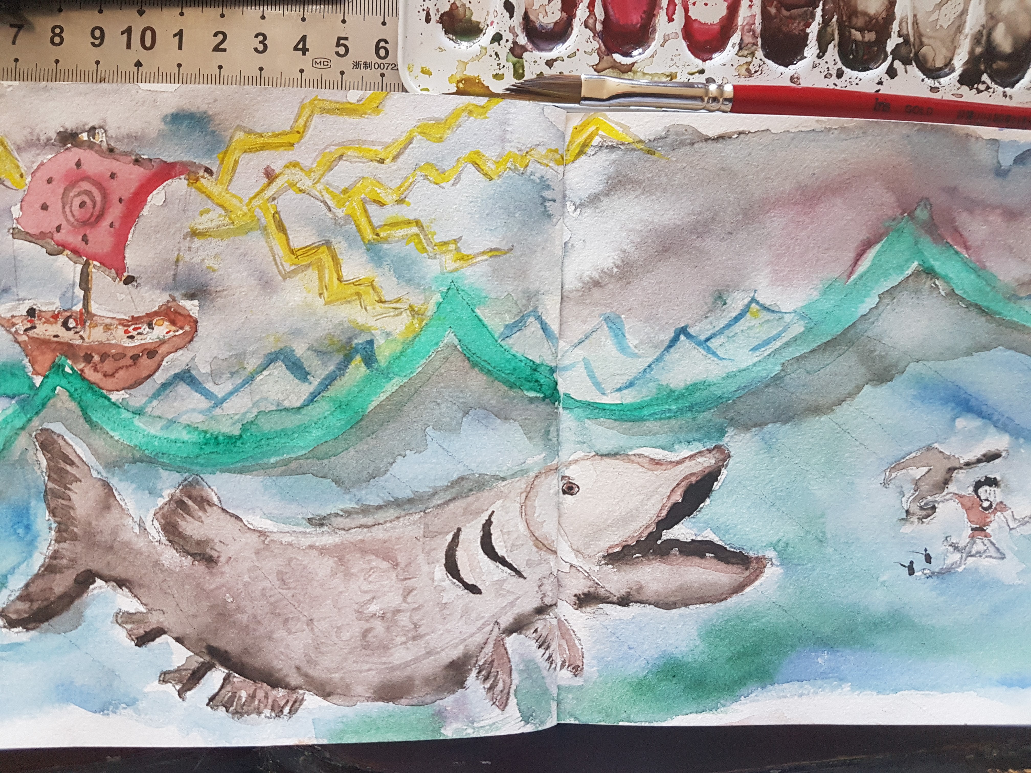 Sketchbook: ‘Jonah and the big fish.’ Ink & watercolours. April 2020. Credit: Author.