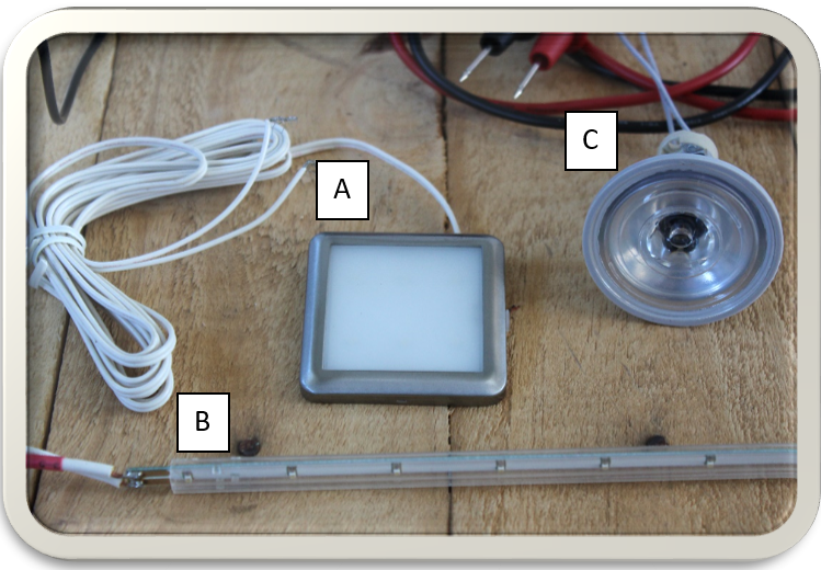 IMAGE: Range of LED lights used in the model. A - LED Flat, B - LED Strip, C- LED Cone-shaped. The three commonly used types of LED’s displays the versatility of energy-efficient lighting. 