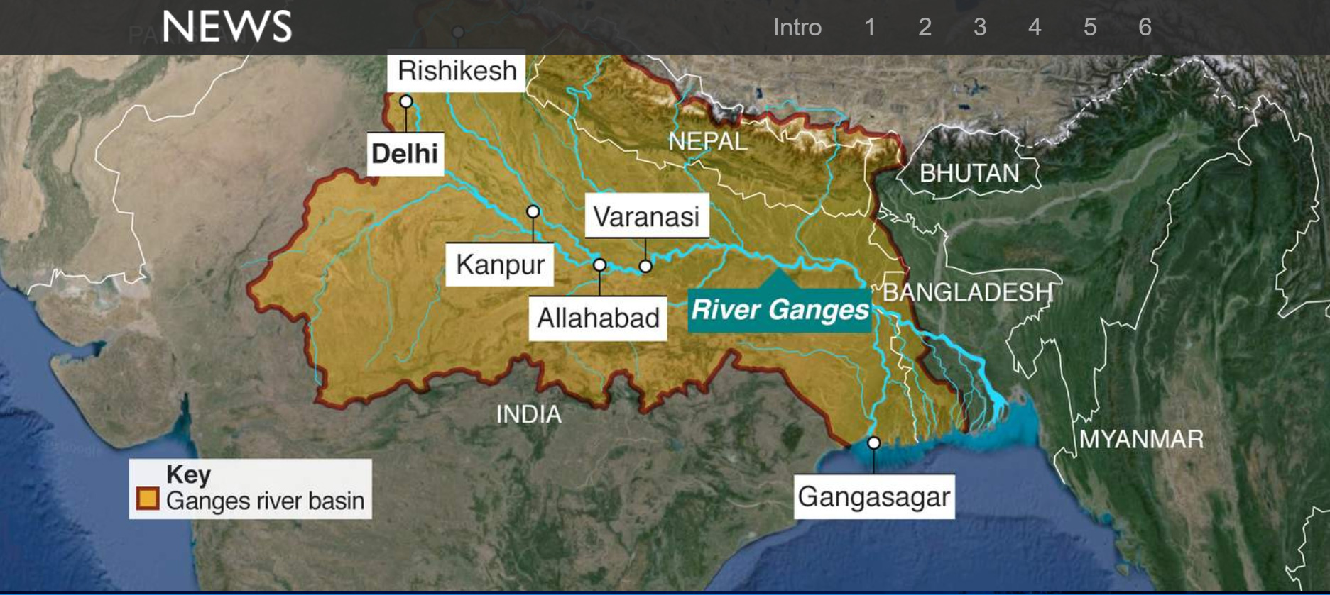 The River Ganges. Credit BBC News. The source of the Ganges lies among the soaring, snow-clad peaks of the Himalayas. https://www.bbc.co.uk/news/resources/idt-aad46fca-734a-45f9-8721-61404cc12a39