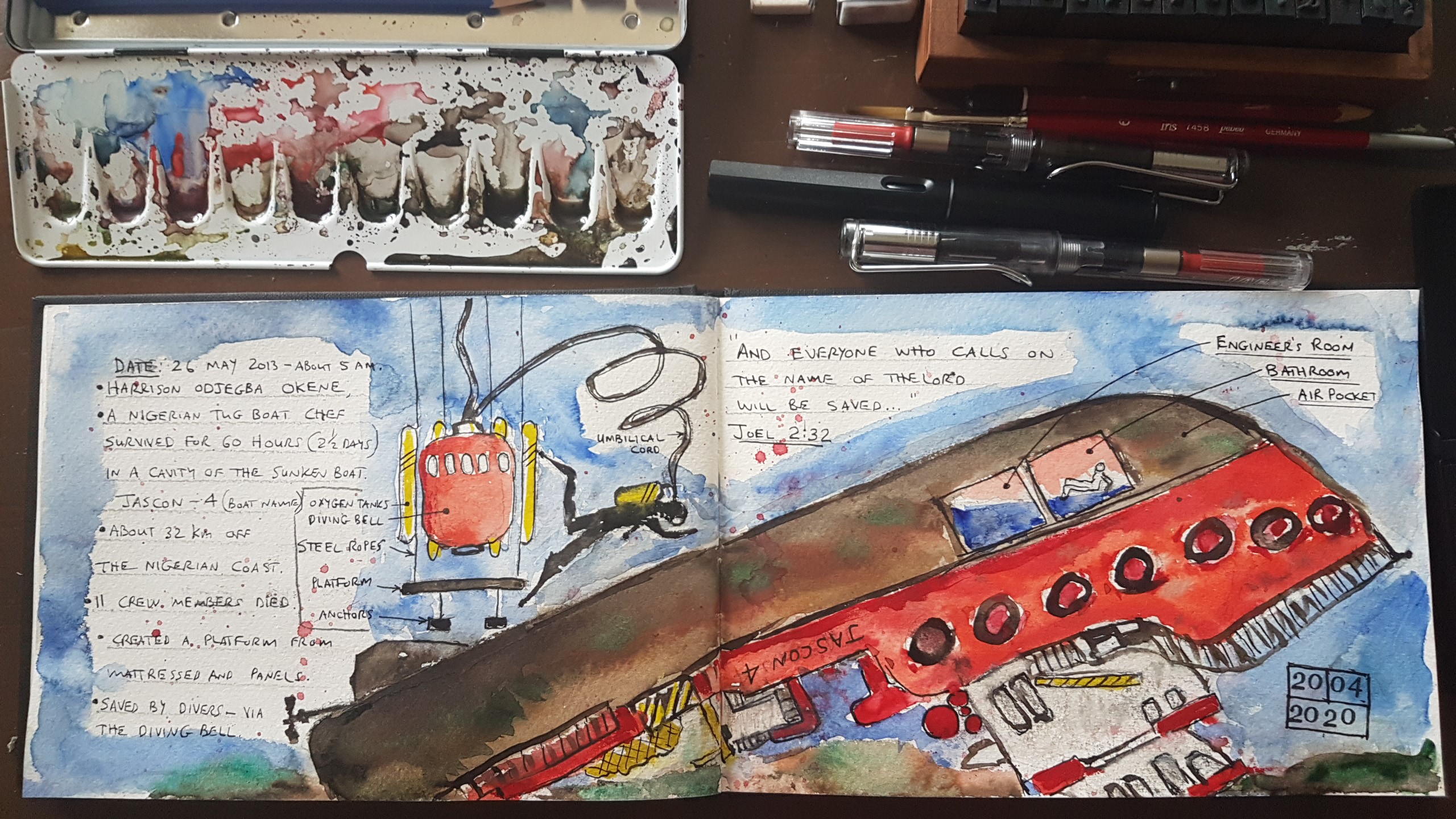 From my sketchbook: Sketch-diagram of the components for the rescue operation to save Harrison. ‘Those who call on the Name of the Lord will be saved.’ Soft pencil, fountain pen, and watercolours. Credit: W van Zyl April 2020.