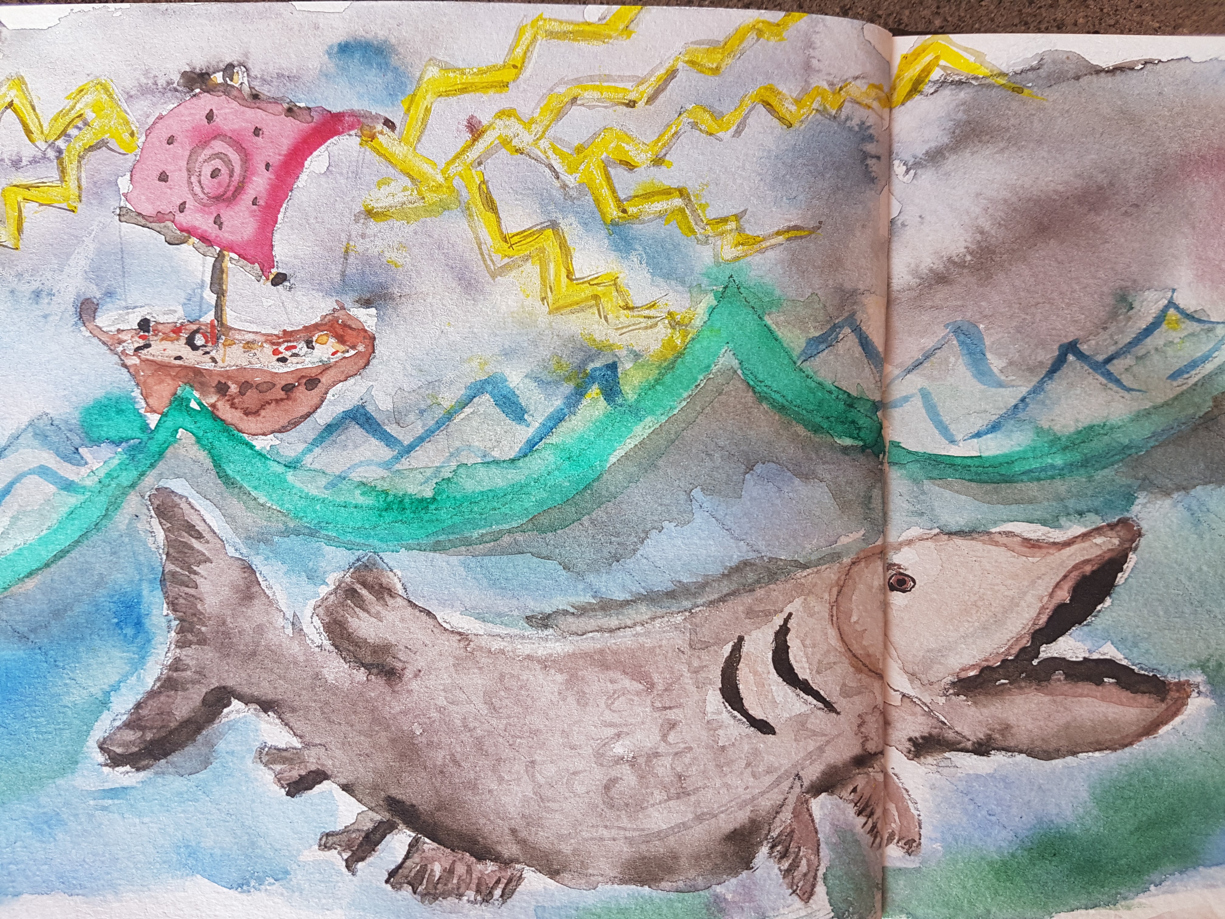 Sketchbook: The digestive chemicals in the belly of the fish could have killed Johah. How did he survive? The fish that swallowed Jonah, was it a plant-eating fish or was the large fish a carnivore? Credit: Author. April 2020.