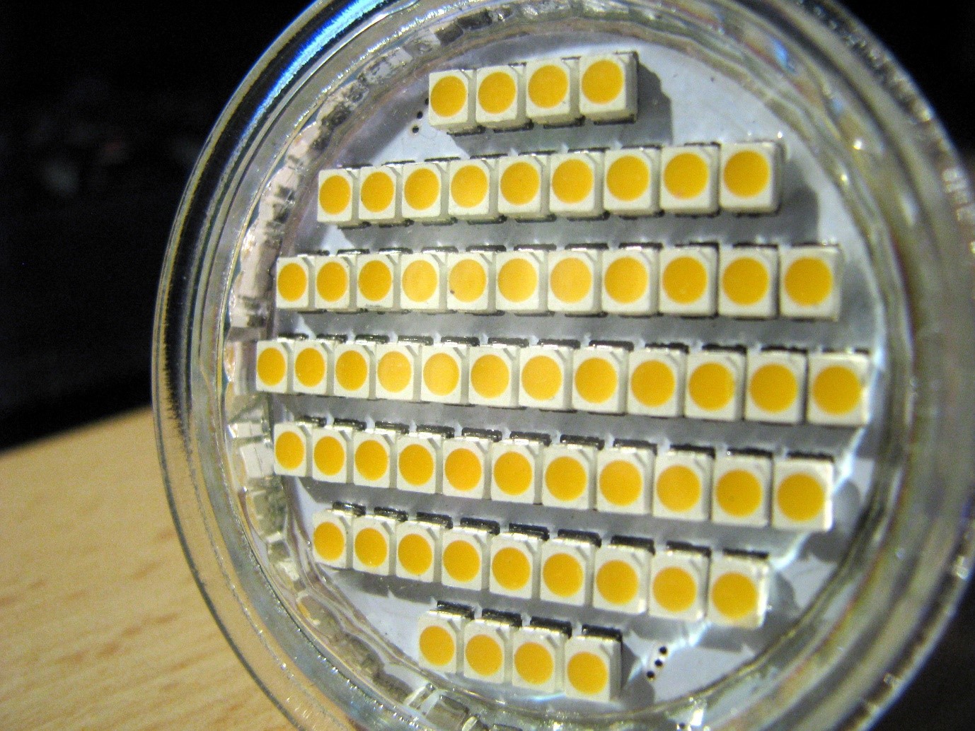 IMAGE: Close up of a cluster of LED ‘chips’ (yellow circles) in the lamp. These LED chips are combined in a variety of clusters to produce light for specific requirements. Intensity (lumens) and quality of light are considered in the design of LED lighting. Credit: pixabay.com
